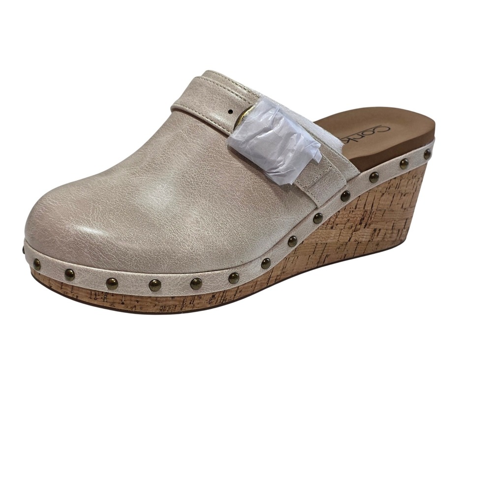 Corkys Who Knew Cream Studded Cork Wedge Clog Mules Womens 7 NEW